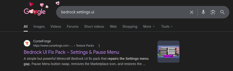 Bedrock UI fix search result